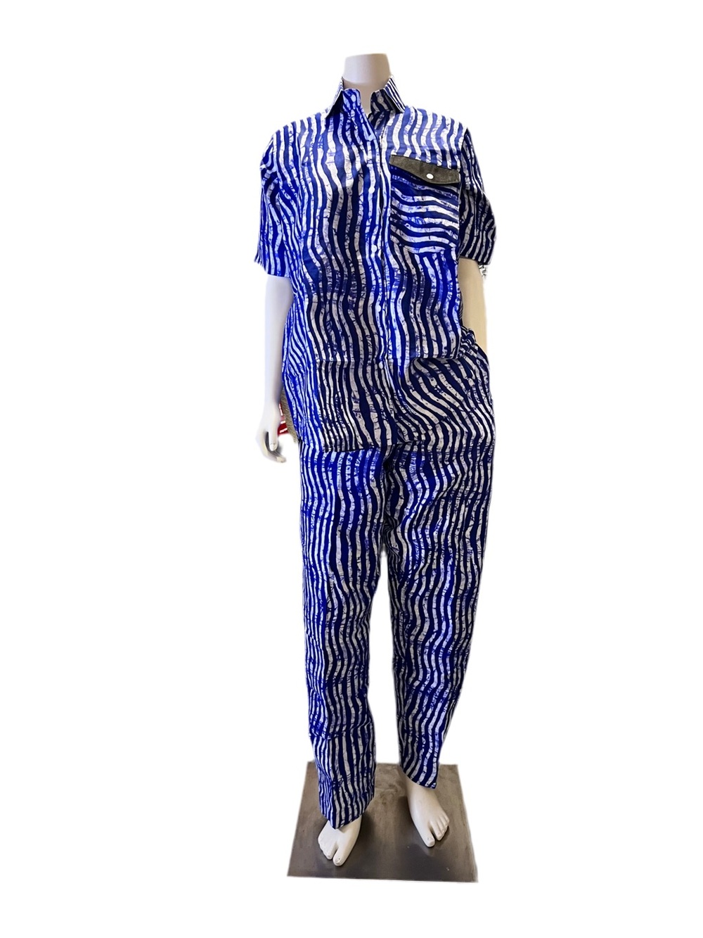 Bold Blue Zebra-Print Short-Sleeve African Print Women Pant Set